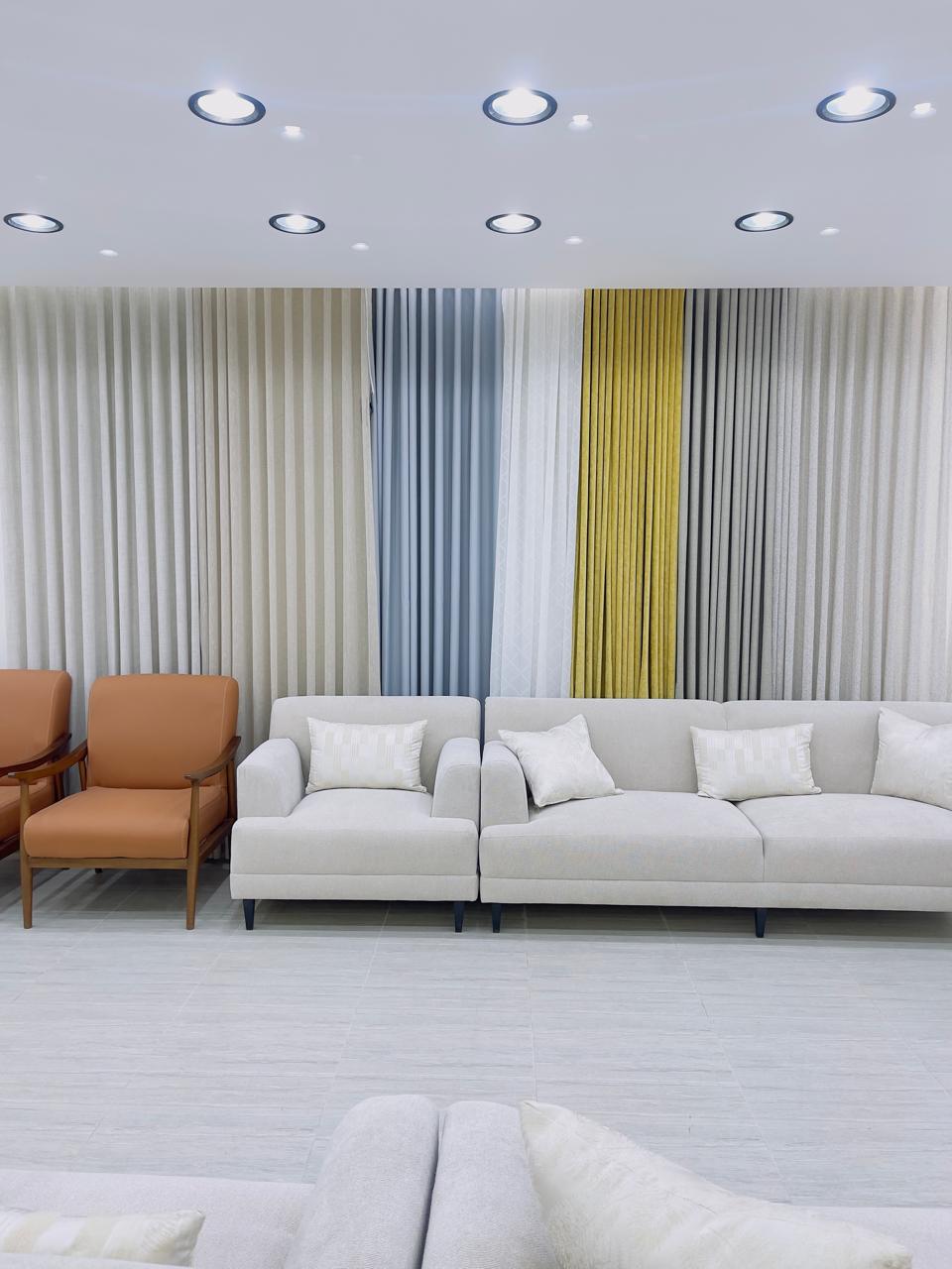 Modern Fabric Sofa with Luxury Layered Curtains