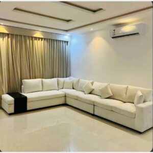 Otaibi L-Shape Premium Sofa Set with Modern Beige Blackout Curtains