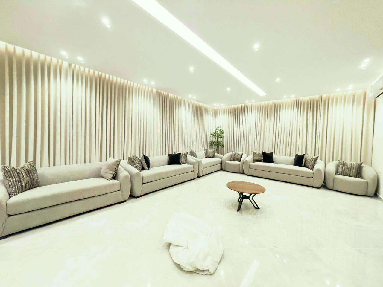 Otaibi Premium Majlis Sofa Collection with Full-Wall Ripple Curtains